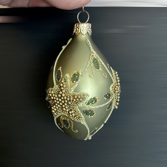 Department 56 Poland Glass Christmas Tree Ornament Olive Green Beaded - Picture 3 of 10